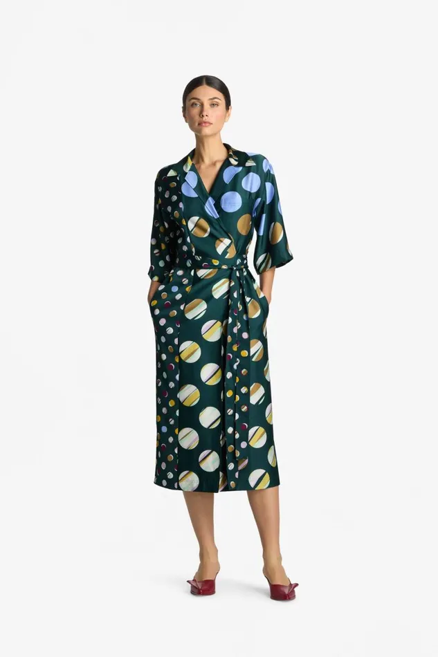 St John Dresses Women Collage Dot Belted Wrap Dress Spruce Multi St John Dresses Women Collage Dot Belted Wrap Dress Spruce Multi