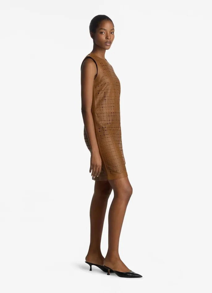 St John Dresses Women Laser Cut Leather Shift Dress Saddle St John Dresses Women Laser Cut Leather Shift Dress Saddle