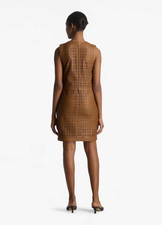 St John Dresses Women Laser Cut Leather Shift Dress Saddle St John Dresses Women Laser Cut Leather Shift Dress Saddle