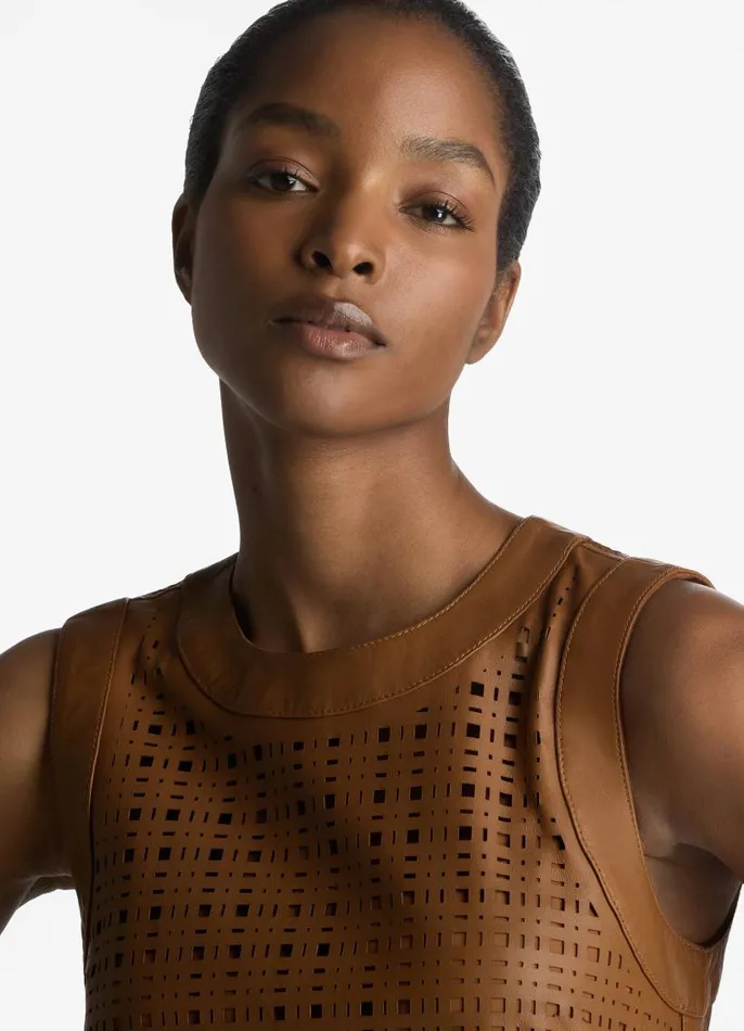 St John Dresses Women Laser Cut Leather Shift Dress Saddle St John Dresses Women Laser Cut Leather Shift Dress Saddle
