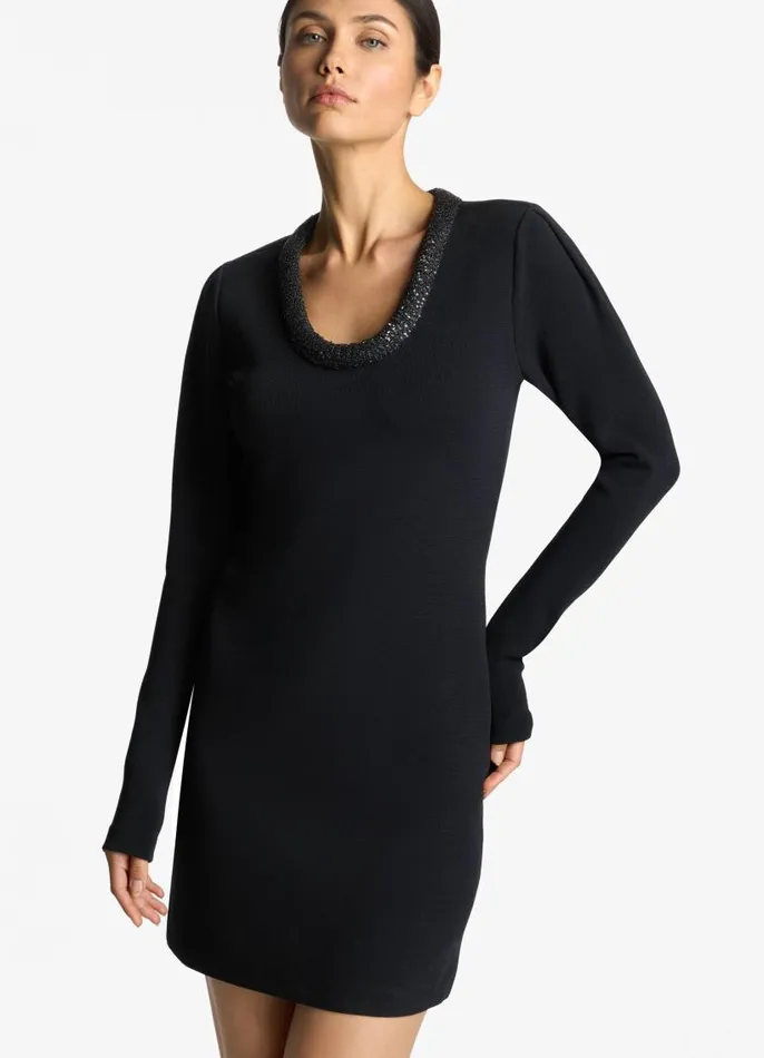 St John Dresses Women Long Sleeve Stretch Mini Dress Black St John Dresses Women Long Sleeve Stretch Mini Dress Black