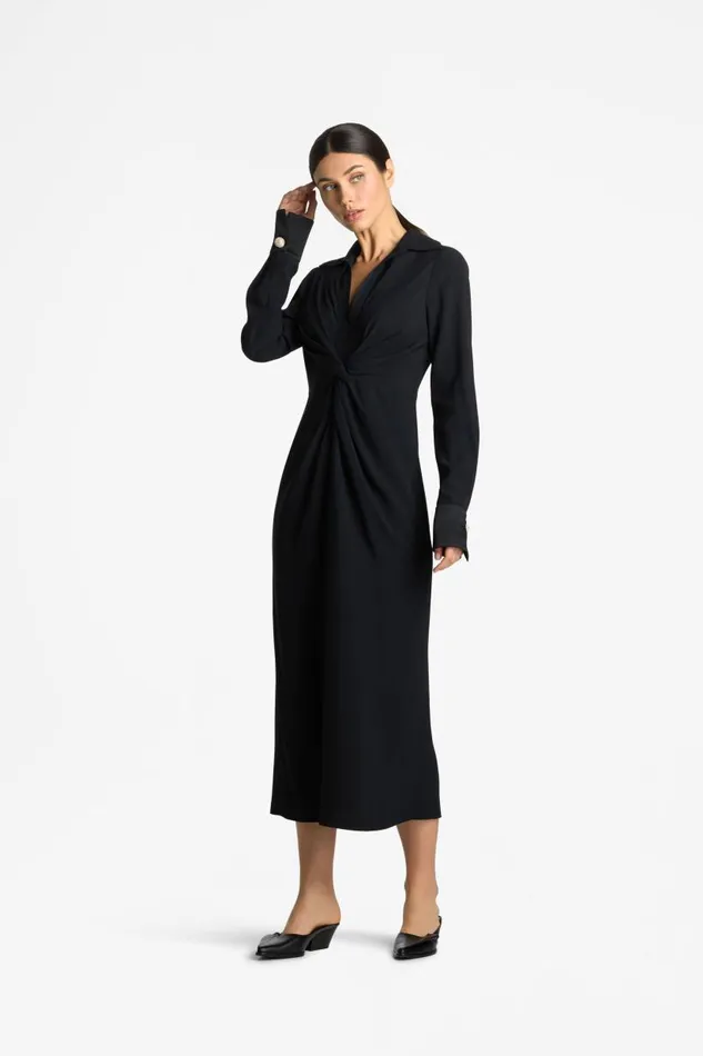 St John Dresses Women Satin Back Crepe Shirt Dress Black St John Dresses Women Satin Back Crepe Shirt Dress Black