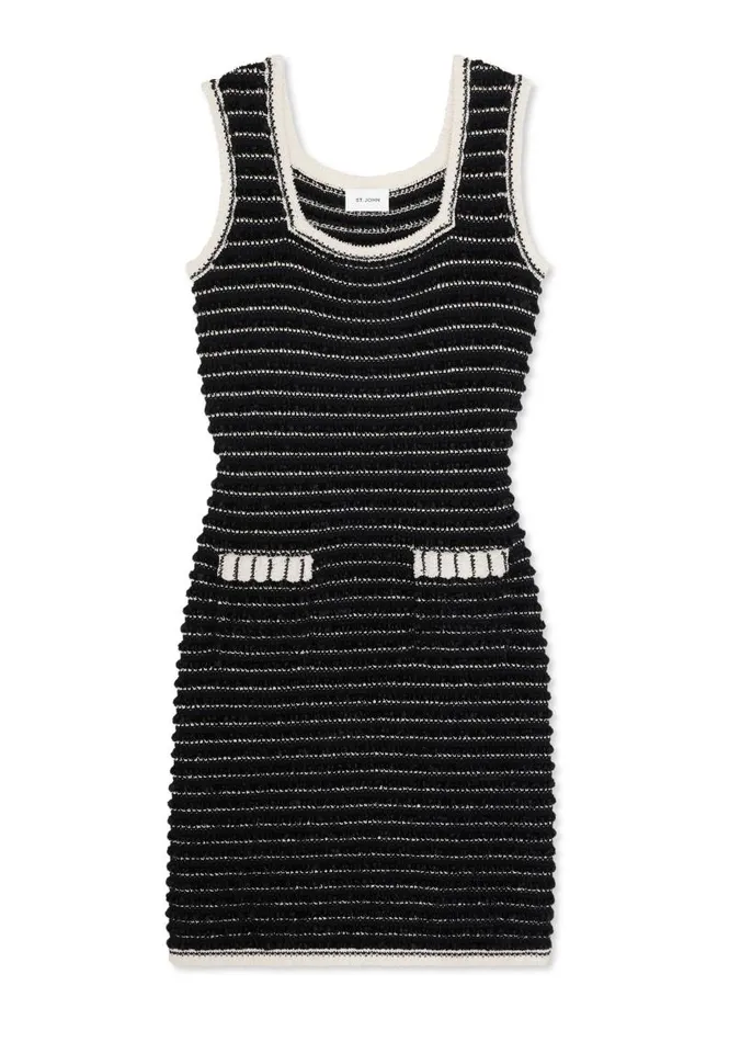 St John Dresses Women Sleeveless Eyelash Tweed Dress Blackecru