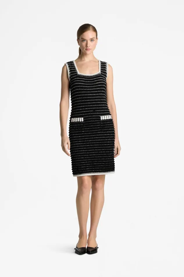 St John Dresses Women Sleeveless Eyelash Tweed Dress Blackecru St John Dresses Women Sleeveless Eyelash Tweed Dress Blackecru