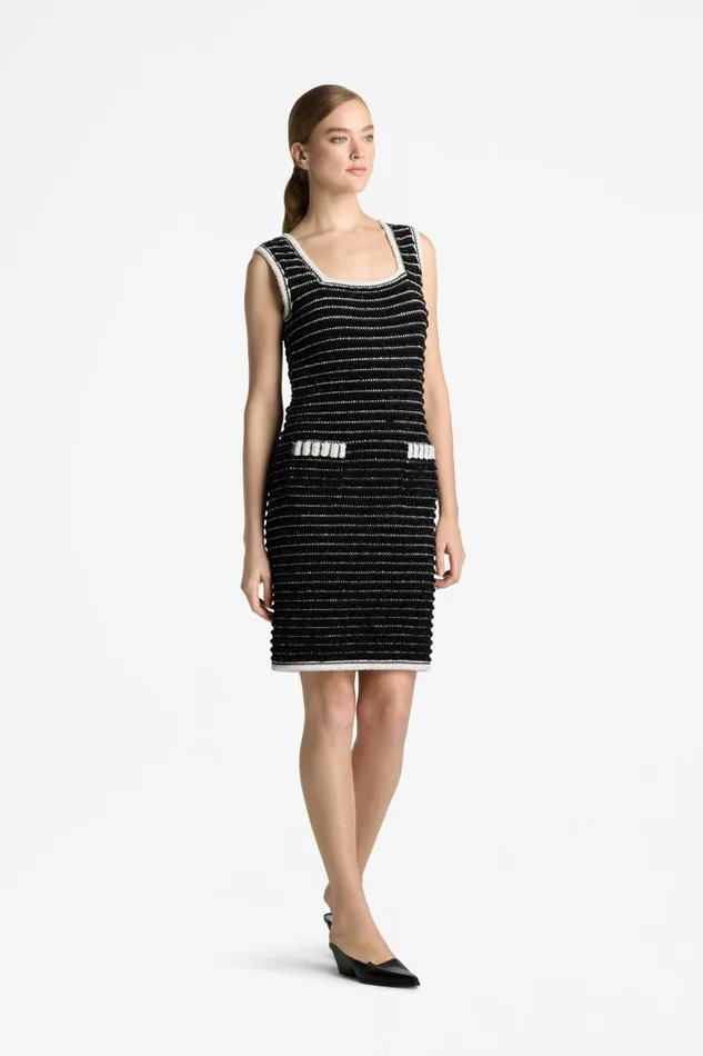 St John Dresses Women Sleeveless Eyelash Tweed Dress Blackecru St John Dresses Women Sleeveless Eyelash Tweed Dress Blackecru