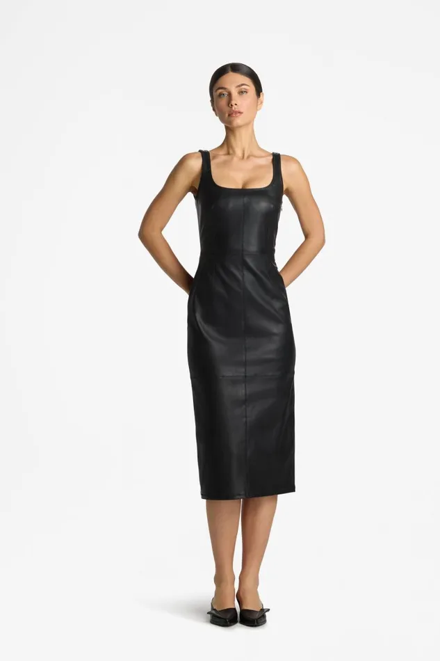 St John Dresses Women Stretch Nappa Leather Dress Black St John Dresses Women Stretch Nappa Leather Dress Black
