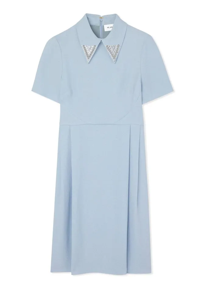 St John Dresses Women Textured Knit Collared Dress Powder Blue