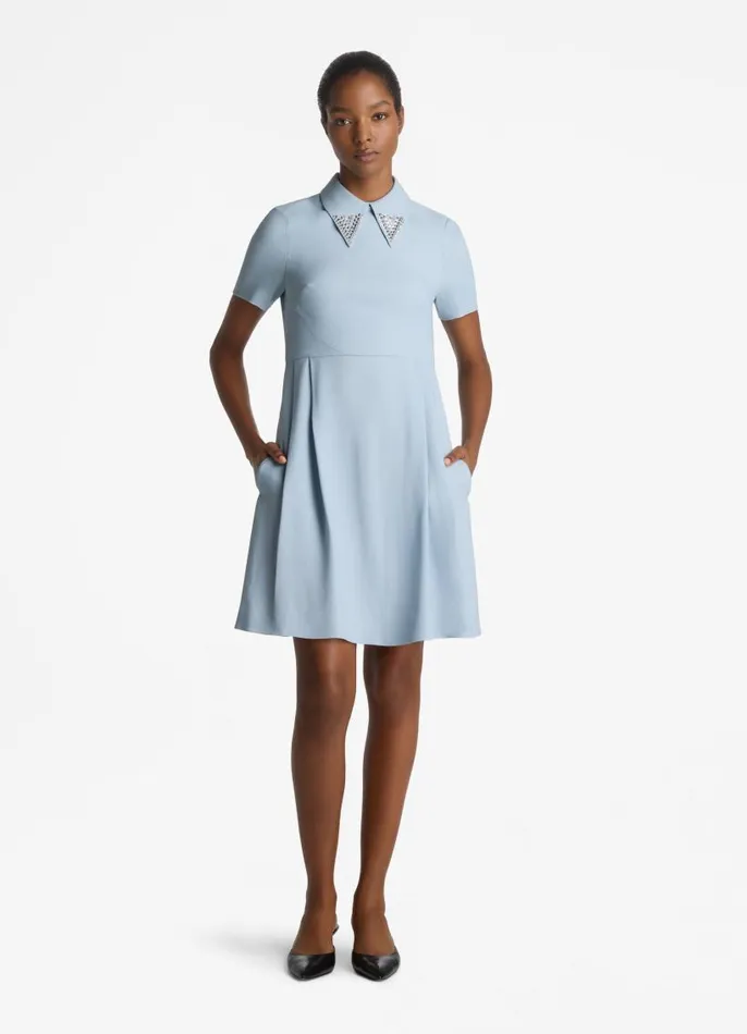 St John Dresses Women Textured Knit Collared Dress Powder Blue St John Dresses Women Textured Knit Collared Dress Powder Blue