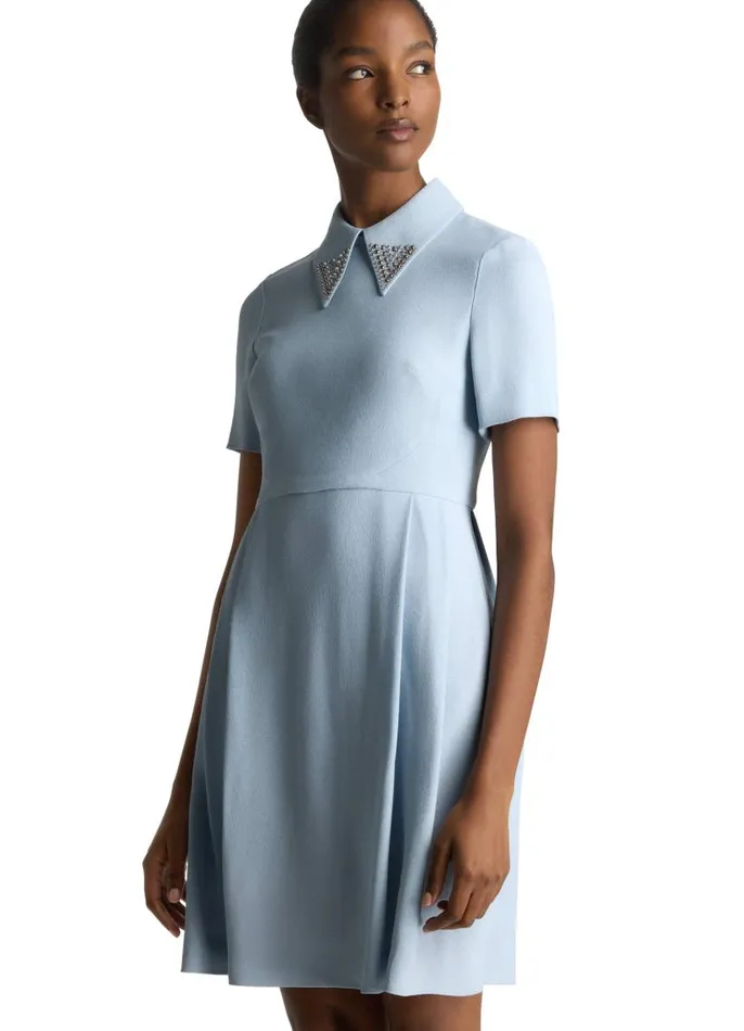 St John Dresses Women Textured Knit Collared Dress Powder Blue St John Dresses Women Textured Knit Collared Dress Powder Blue