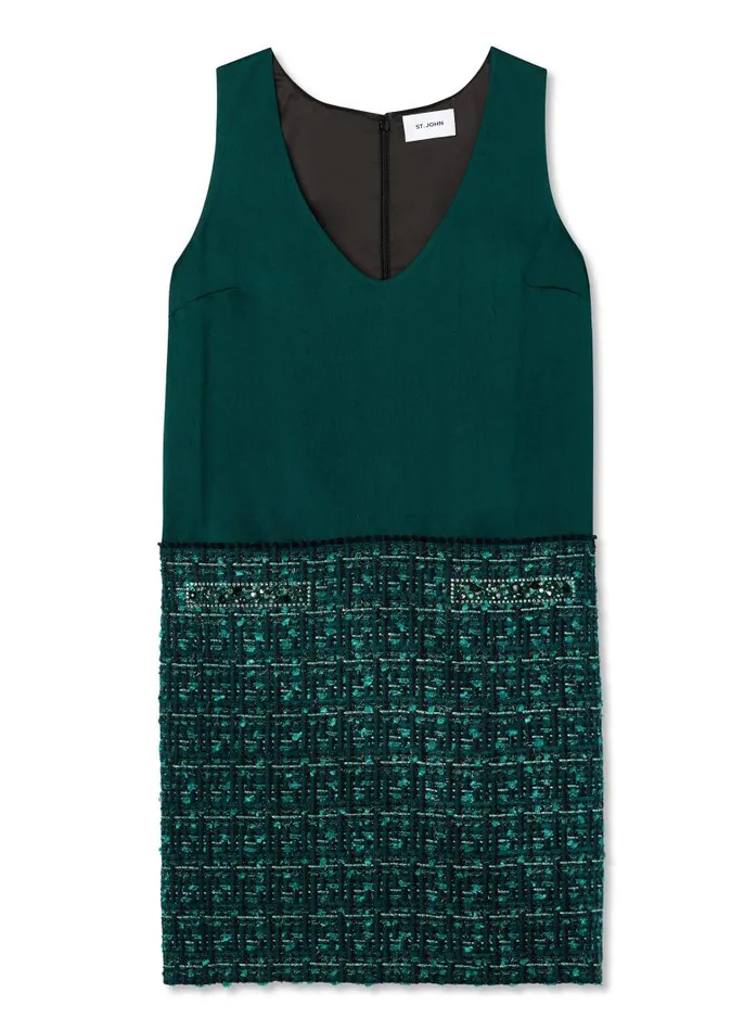 St John Dresses Women Twill Tweed Mixed Media Dress Spruce Multi