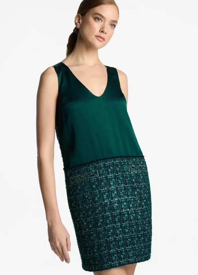 St John Dresses Women Twill Tweed Mixed Media Dress Spruce Multi St John Dresses Women Twill Tweed Mixed Media Dress Spruce Multi