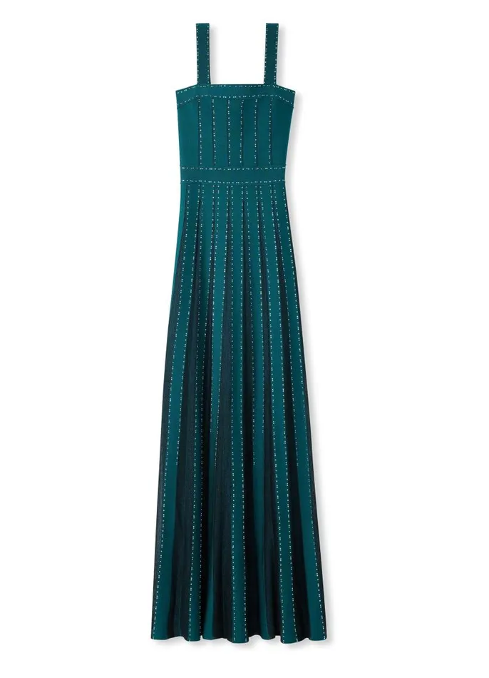 St John Evening Gowns Women Mixed Knit Embellished Gown Teal