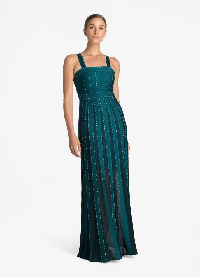 St John Evening Gowns Women Mixed Knit Embellished Gown Teal St John Evening Gowns Women Mixed Knit Embellished Gown Teal