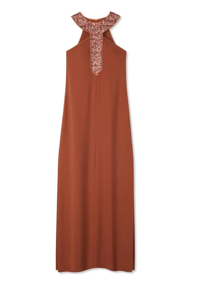 St John Evening Gowns Women Satin Back Crepe Embellished Collar Dress Brickcranberry Multi