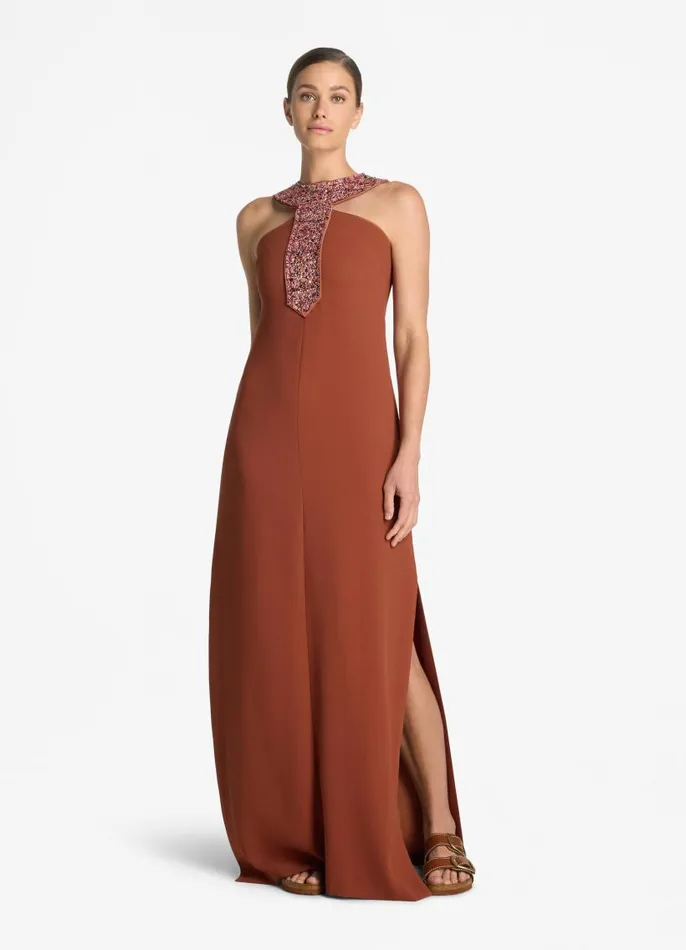 St John Evening Gowns Women Satin Back Crepe Embellished Collar Dress Brickcranberry Multi St John Evening Gowns Women Satin Back Crepe Embellished Collar Dress Brickcranberry Multi
