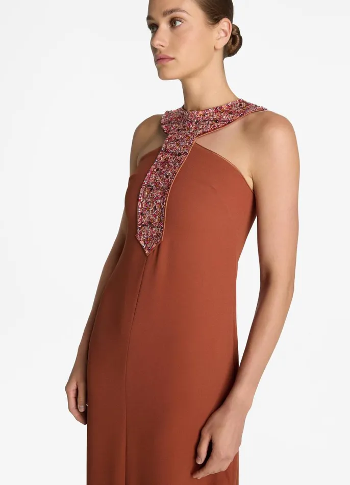 St John Evening Gowns Women Satin Back Crepe Embellished Collar Dress Brickcranberry Multi St John Evening Gowns Women Satin Back Crepe Embellished Collar Dress Brickcranberry Multi