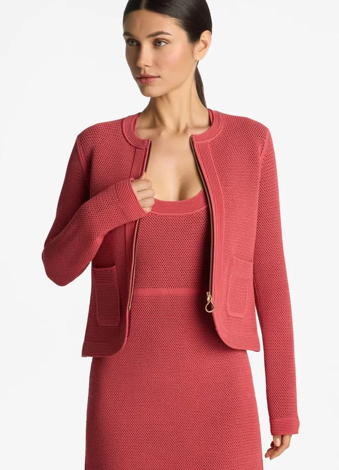 St John Jackets and Coats Women BiTonal Stretch Knit Cardigan Rosedark Claret Multi St John Jackets and Coats Women BiTonal Stretch Knit Cardigan Rosedark Claret Multi