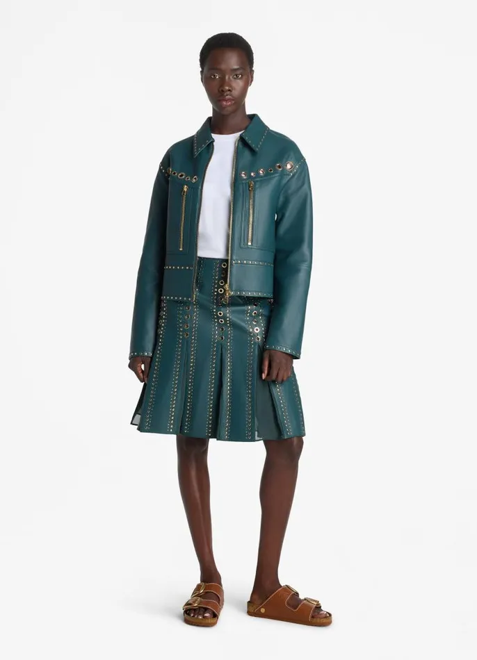 St John Jackets and Coats Women Doubleface Leather Embellished Jacket Prussian Blue St John Jackets and Coats Women Doubleface Leather Embellished Jacket Prussian Blue