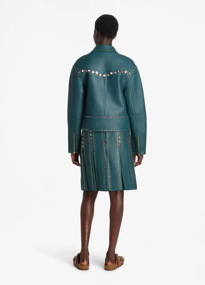 St John Jackets and Coats Women Doubleface Leather Embellished Jacket Prussian Blue St John Jackets and Coats Women Doubleface Leather Embellished Jacket Prussian Blue