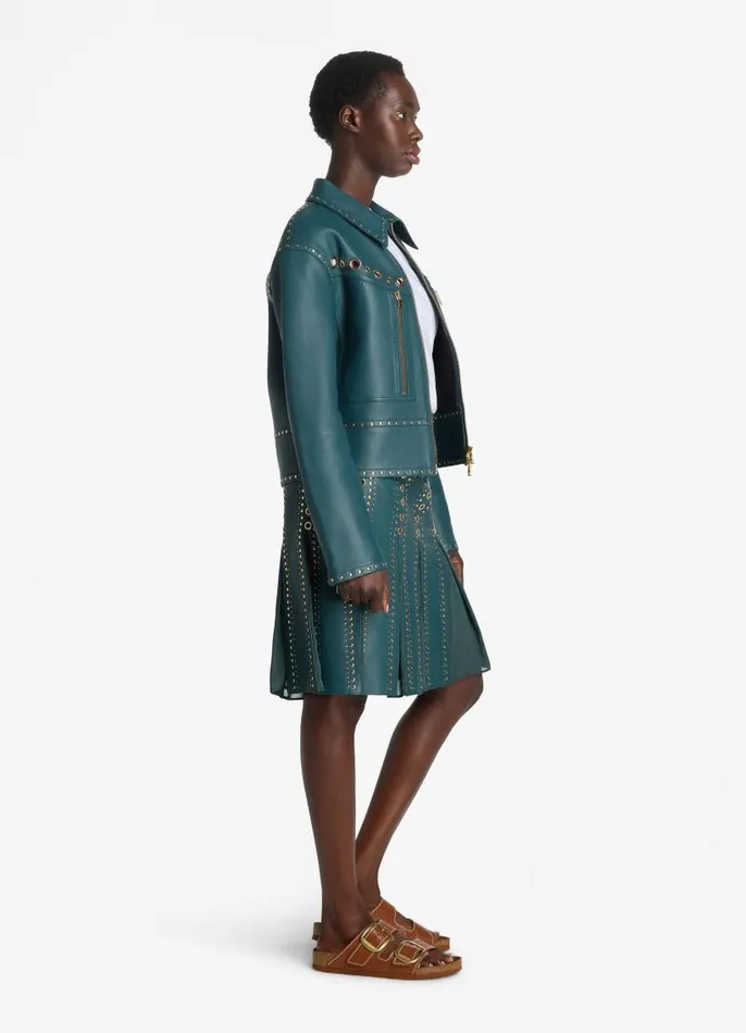 St John Jackets and Coats Women Doubleface Leather Embellished Jacket Prussian Blue St John Jackets and Coats Women Doubleface Leather Embellished Jacket Prussian Blue