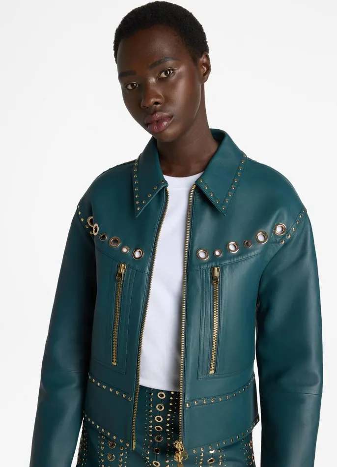 St John Jackets and Coats Women Doubleface Leather Embellished Jacket Prussian Blue St John Jackets and Coats Women Doubleface Leather Embellished Jacket Prussian Blue