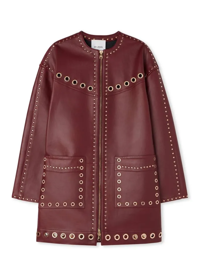 St John Jackets and Coats Women Embellished Doubleface Leather Coat Dark Cranberry St John Jackets and Coats Women Embellished Doubleface Leather Coat Dark Cranberry