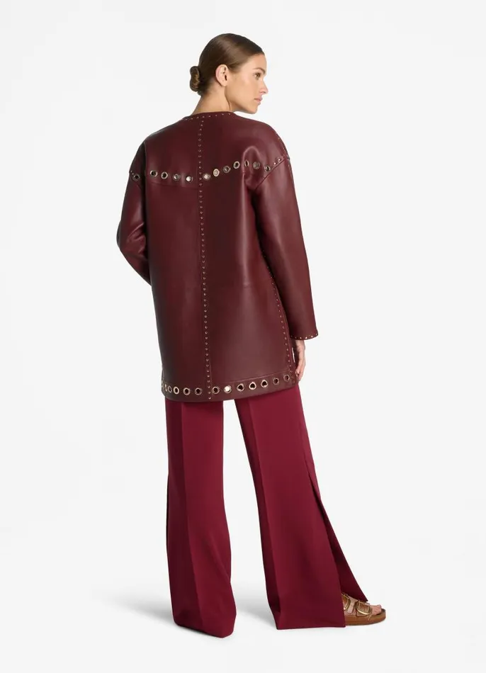 St John Jackets and Coats Women Embellished Doubleface Leather Coat Dark Cranberry St John Jackets and Coats Women Embellished Doubleface Leather Coat Dark Cranberry