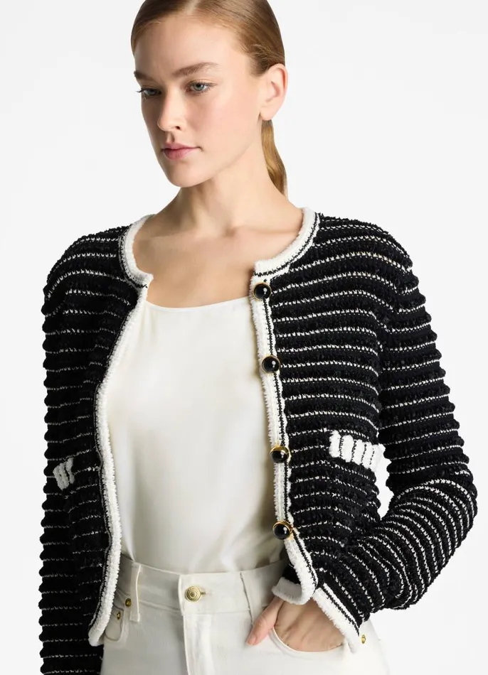St John Jackets and Coats Women Eyelash Tweed Short Jacket Blackecru St John Jackets and Coats Women Eyelash Tweed Short Jacket Blackecru