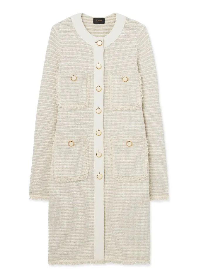 St John Jackets and Coats Women Fringe Knit Long Jacket Ecru