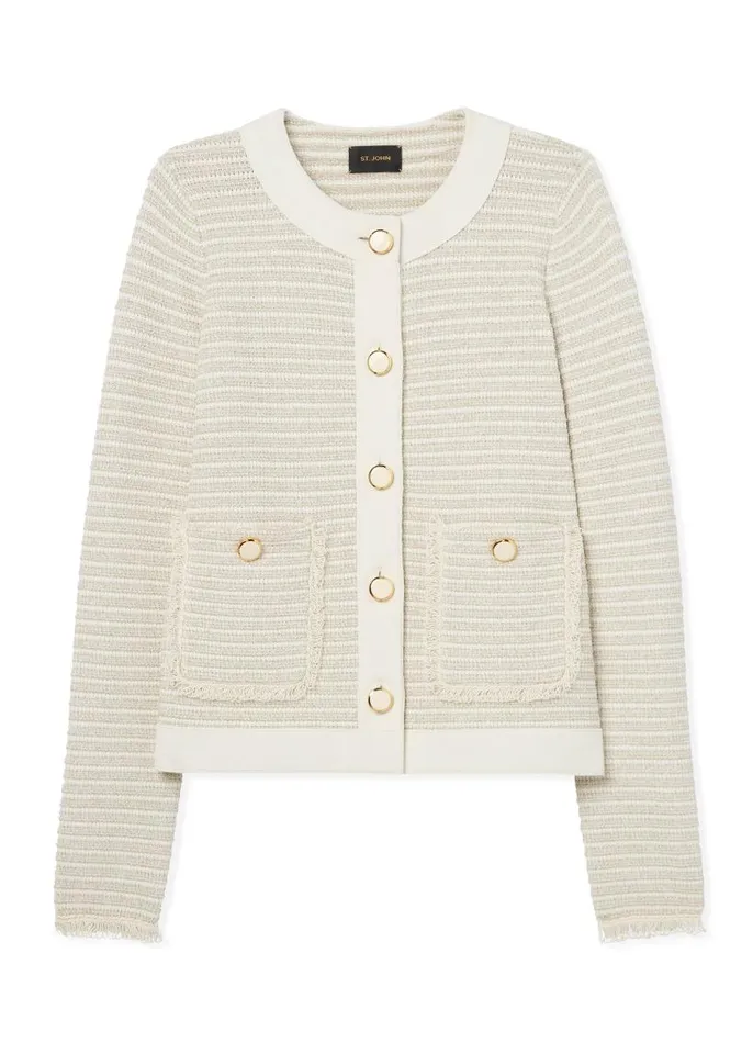 St John Jackets and Coats Women Fringe Knit Short Jacket Ecru