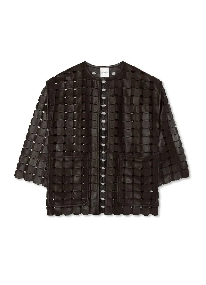 St John Jackets and Coats Women Geometric Weave Leather Coat Mocha