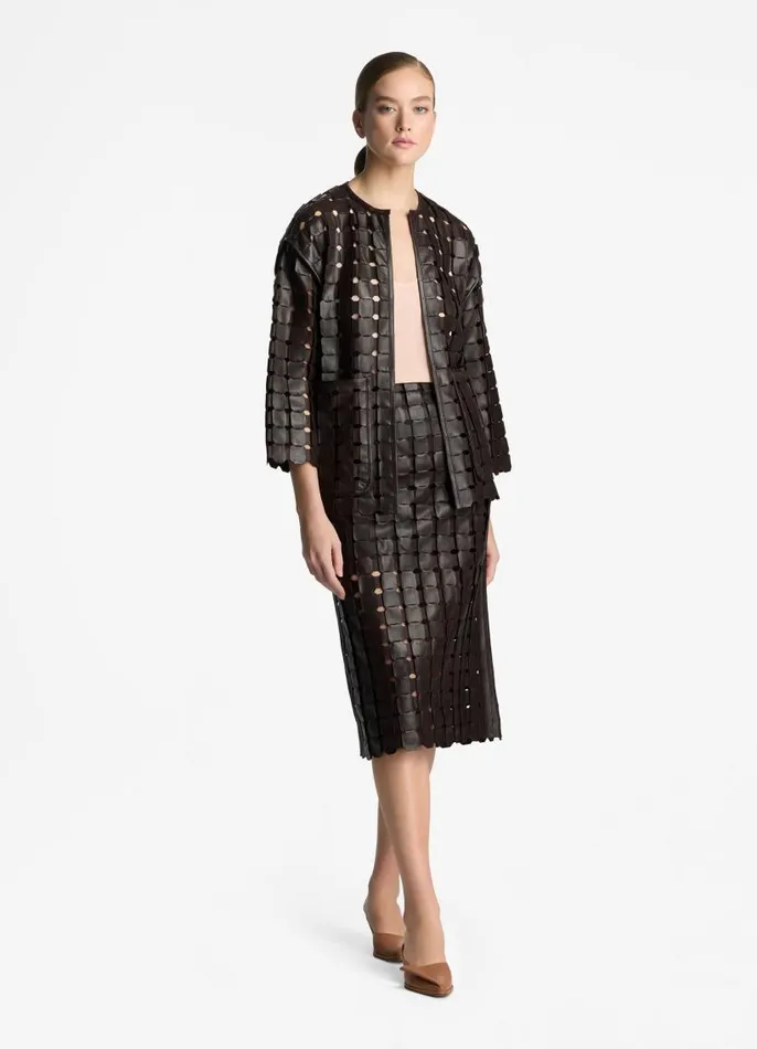 St John Jackets and Coats Women Geometric Weave Leather Coat Mocha St John Jackets and Coats Women Geometric Weave Leather Coat Mocha