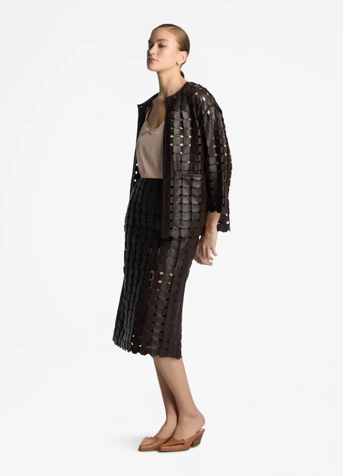 St John Jackets and Coats Women Geometric Weave Leather Coat Mocha St John Jackets and Coats Women Geometric Weave Leather Coat Mocha