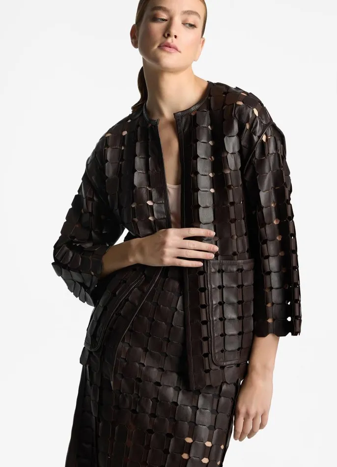 St John Jackets and Coats Women Geometric Weave Leather Coat Mocha St John Jackets and Coats Women Geometric Weave Leather Coat Mocha