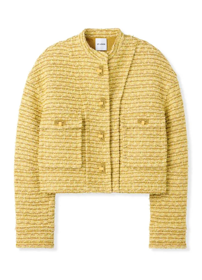 St John Jackets and Coats Women Iconic Textured Tweed Jacket Golden Yellow Multi St John Jackets and Coats Women Iconic Textured Tweed Jacket Golden Yellow Multi