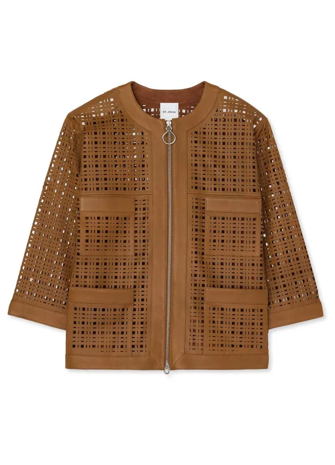St John Jackets and Coats Women Laser Cut Leather Jacket Saddle