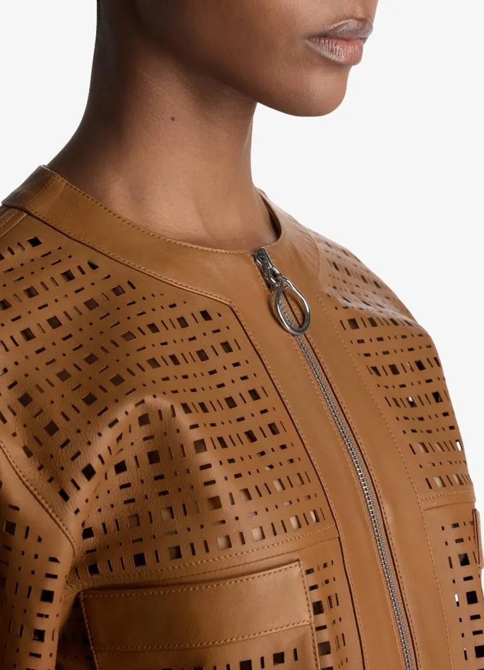 St John Jackets and Coats Women Laser Cut Leather Jacket Saddle St John Jackets and Coats Women Laser Cut Leather Jacket Saddle