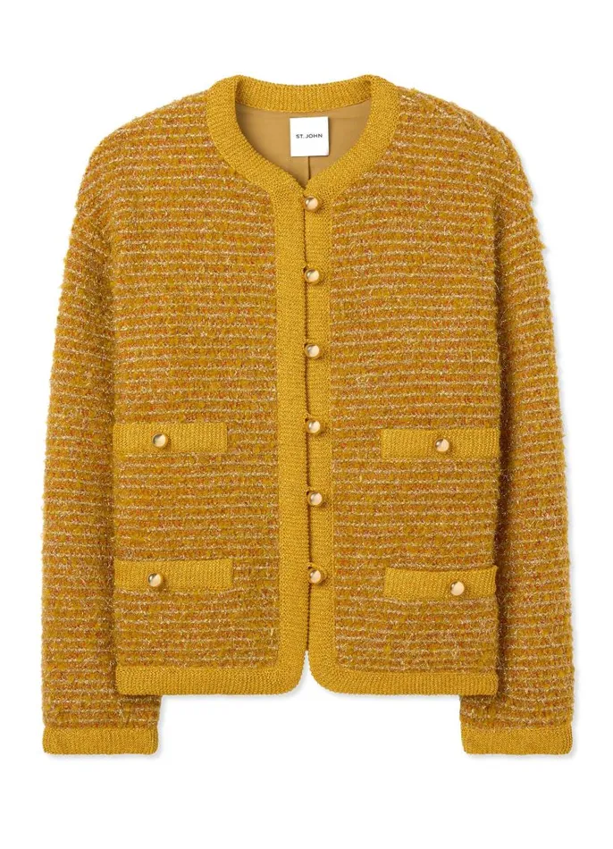 St John Jackets and Coats Women Lurex And Eyelash Textured Signature Knit Jacket Marigold Multi St John Jackets and Coats Women Lurex And Eyelash Textured Signature Knit Jacket Marigold Multi