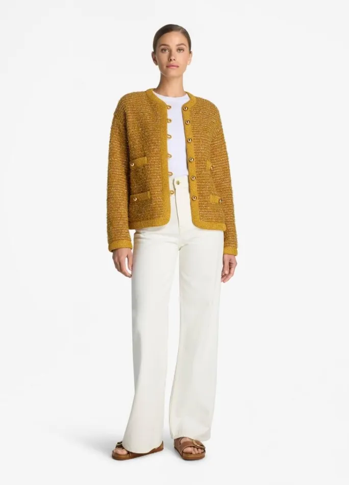 St John Jackets and Coats Women Lurex And Eyelash Textured Signature Knit Jacket Marigold Multi St John Jackets and Coats Women Lurex And Eyelash Textured Signature Knit Jacket Marigold Multi