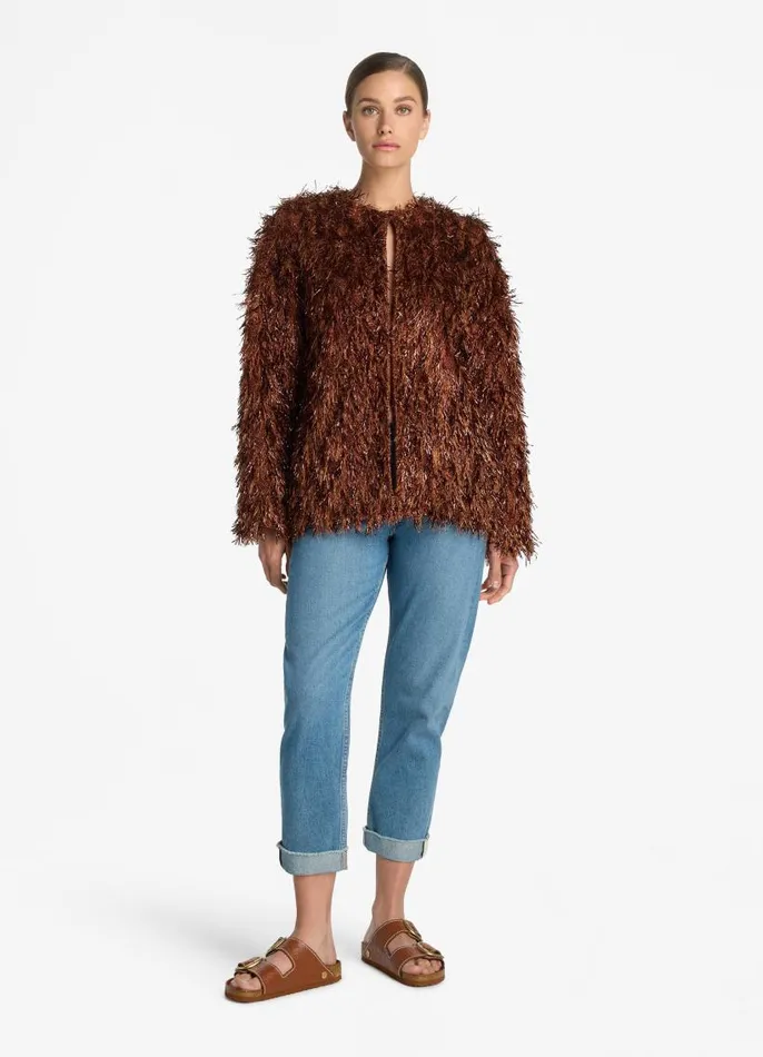 St John Jackets and Coats Women Metallic And Sequin Fur Jacket Brickcopper Multi St John Jackets and Coats Women Metallic And Sequin Fur Jacket Brickcopper Multi