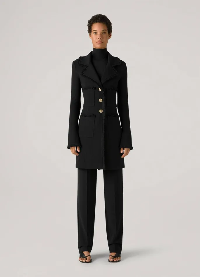 St John Jackets and Coats Women Milano Fringed Pique Knit Topper Caviar St John Jackets and Coats Women Milano Fringed Pique Knit Topper Caviar