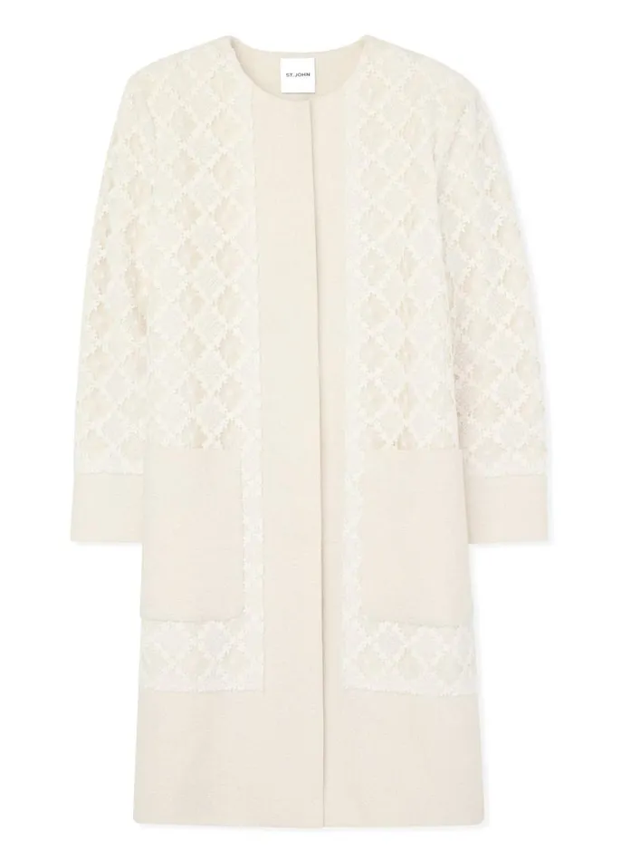St John Jackets and Coats Women Mixed Media Long Jacket Ecru Lurex Multi