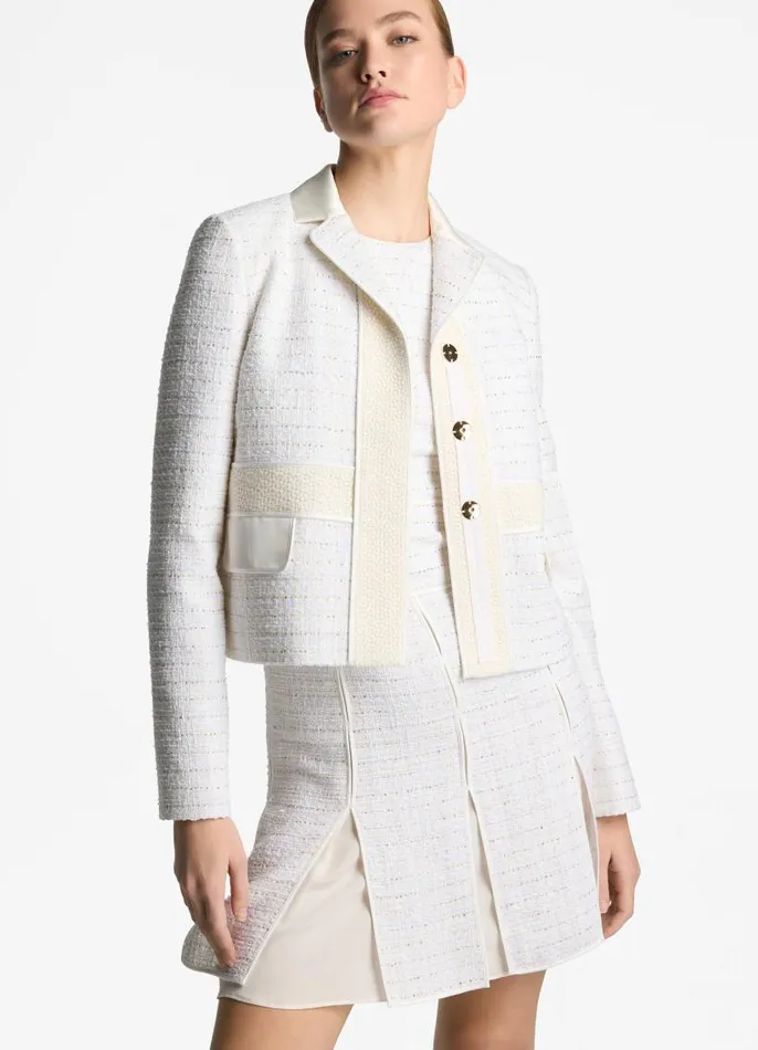 St John Jackets and Coats Women Sequin Tweed Open Weave Jacket Ivory Multi St John Jackets and Coats Women Sequin Tweed Open Weave Jacket Ivory Multi
