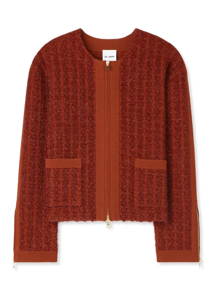 St John Jackets and Coats Women Sparkly Stretch Knit Jacket Brick Multi