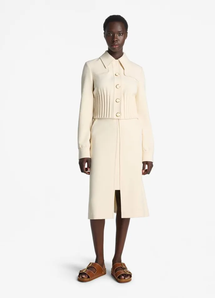 St John Jackets and Coats Women Stretch Crepe Cinched Waist Jacket Ecru St John Jackets and Coats Women Stretch Crepe Cinched Waist Jacket Ecru