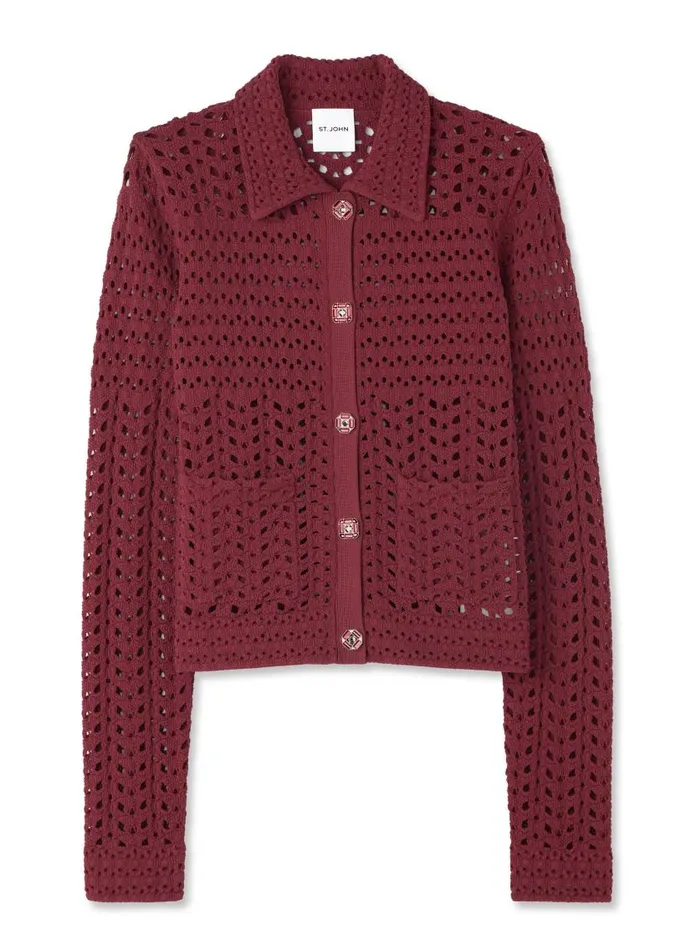 St John Jackets and Coats Women Stretch Crochet Stitch Cardigan Cranberry