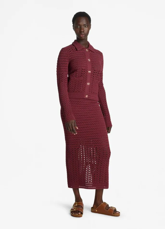 St John Jackets and Coats Women Stretch Crochet Stitch Cardigan Cranberry St John Jackets and Coats Women Stretch Crochet Stitch Cardigan Cranberry