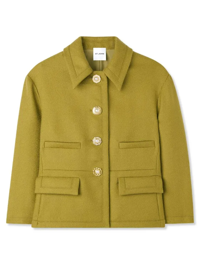 St John Jackets and Coats Women Textured Wool Short Jacket Moss