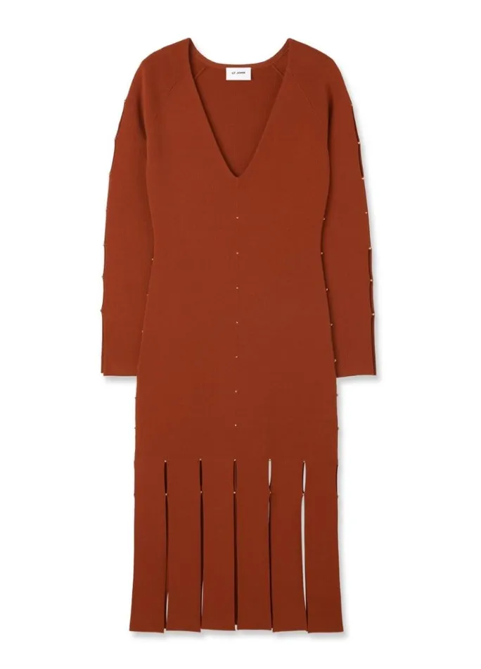 St John Knit Dresses Women Stretch Knit Slit Dress St John Knits Brick
