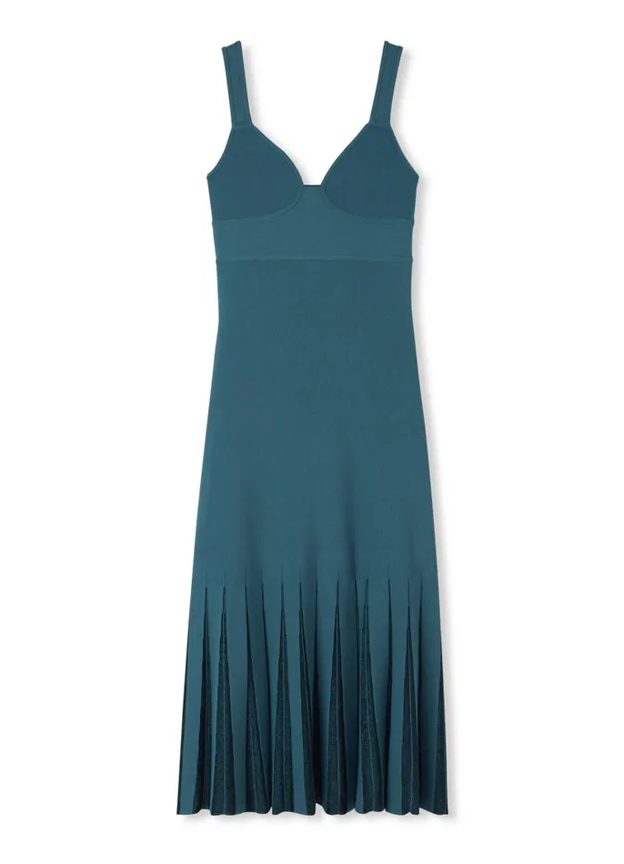 St John Knit Dresses Women Stretch Viscose Knit Dress With Sheer Pleats Prussian Blue